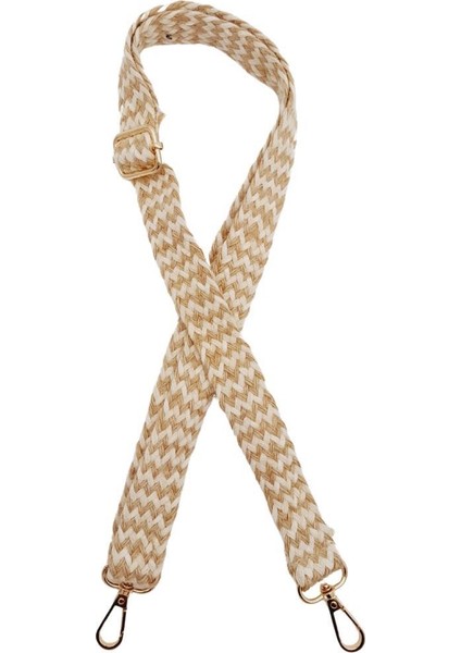 120X3 cm Jüt Kolon Çanta Sapı Bej Çizgili Light Gold Metalli