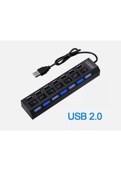 7 Port Girişli USB Hub Çoklayıcı On Off Anahtarlı Switch Işıklı USB Adaptör Istasyonu