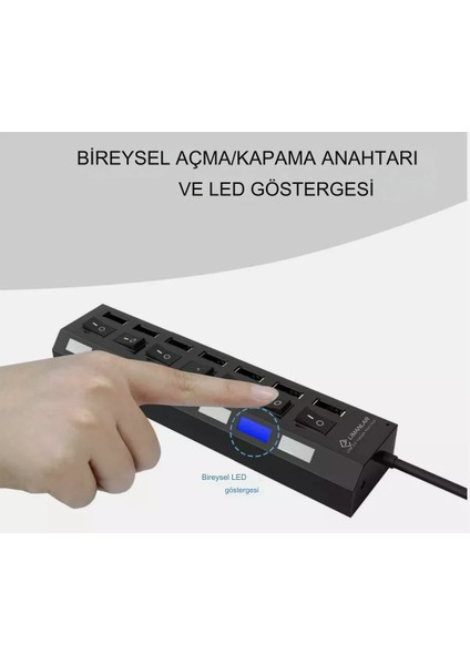 7 Port Girişli USB Hub Çoklayıcı On Off Anahtarlı Switch Işıklı USB Adaptör Istasyonu