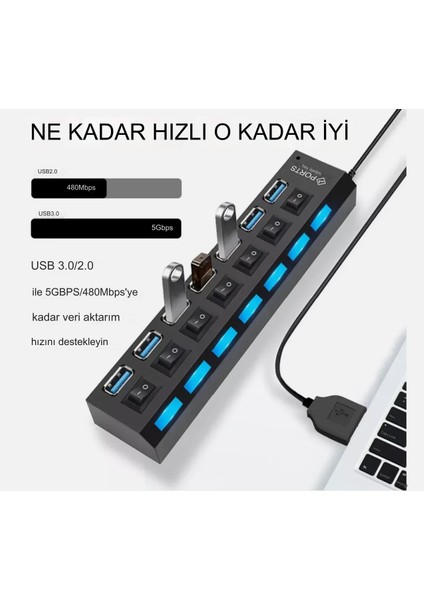 7 Port Girişli USB Hub Çoklayıcı On Off Anahtarlı Switch Işıklı USB Adaptör Istasyonu