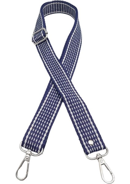 120X3 cm Polyester Kolon Çanta Sapı Lacivert Renk Beyaz Şeritli Gümüş Metalli fiyatları
