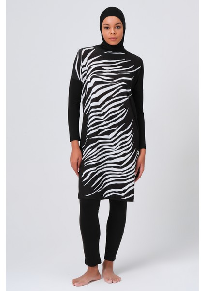 Önü Zebra Desenli Kadın Tam Kapalı Tesettür Mayo 23691 Siyah