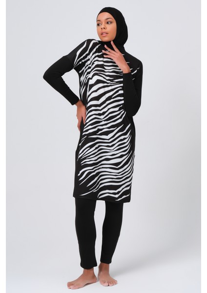 Önü Zebra Desenli Kadın Tam Kapalı Tesettür Mayo 23691 Siyah fiyatları