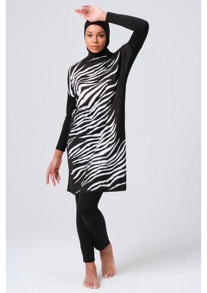 Önü Zebra Desenli Kadın Tam Kapalı Tesettür Mayo 23691 Siyah modelleri