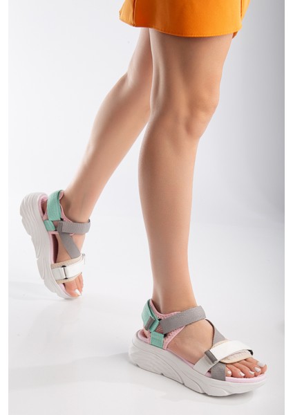 Kadın Dolgu Topuk Cırtlı Günlük Spor Sandalet SS001-0178 Beyaz Gri
