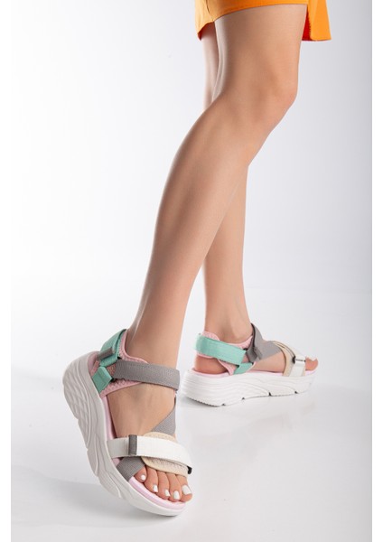 Kadın Dolgu Topuk Cırtlı Günlük Spor Sandalet SS001-0178 Beyaz Gri