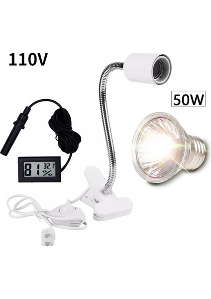 50W ve Beyaz Tutucu Stili 110V Uva+Uvb 3.0 Sürüngen Lamba Seti Klipsli Lamba Tutucu Ampul Termometre Higrometre Kaplumbağa Kaplumbağa Kertenkele Basking Isı Işığı (Yurt Dışından)