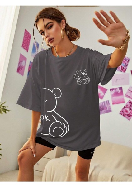 Kadın Bisiklet Baka Salaş Ayıcık Baskılı Oversize Boyfriend T-Shirt fiyatları