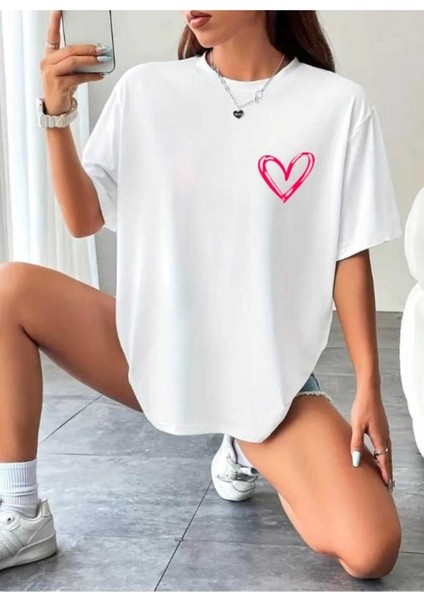 Kadın Bisiklet Baka Salaş Kalp Baskılı Oversize Boyfriend T-Shirt