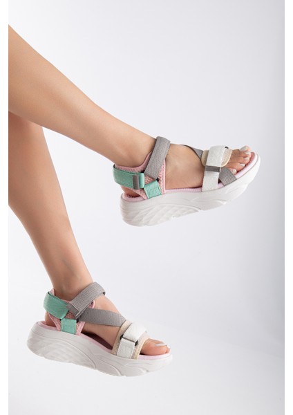 Kadın Dolgu Topuk Cırtlı Günlük Spor Sandalet SS001-0178 Beyaz Gri