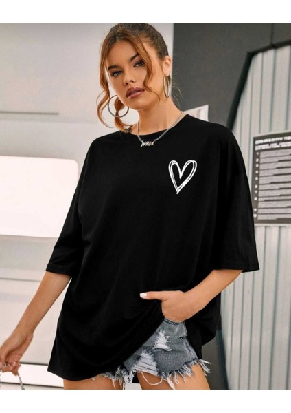 Kadın Bisiklet Baka Salaş Kalp Baskılı Oversize Boyfriend T-Shirt