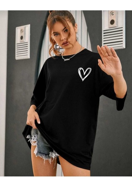 Kadın Bisiklet Baka Salaş Kalp Baskılı Oversize Boyfriend T-Shirt