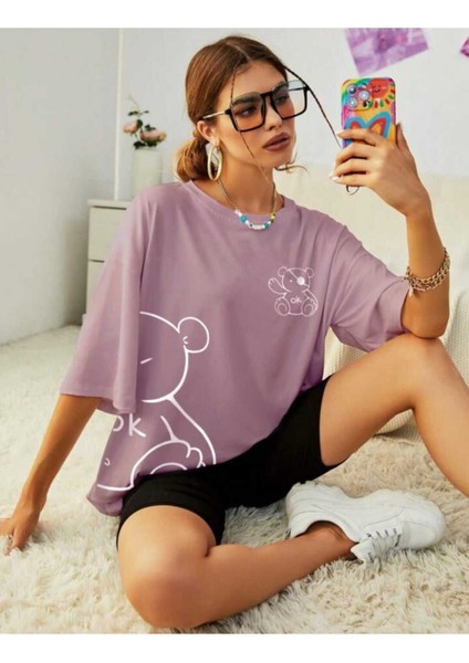 Kadın Bisiklet Baka Salaş Ayıcık Baskılı Oversize Boyfriend T-Shirt