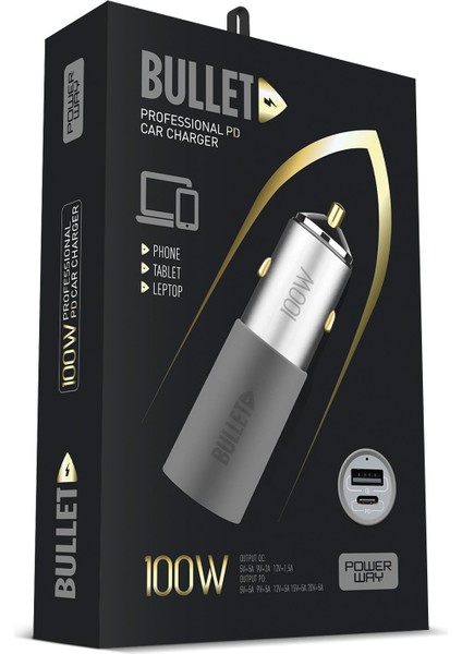 Bullet 100W Araç Çakmaklık Şarj Cihazı Type-C ve USB Çıkışlı Profesyonel Turbo Hızlı Şarj