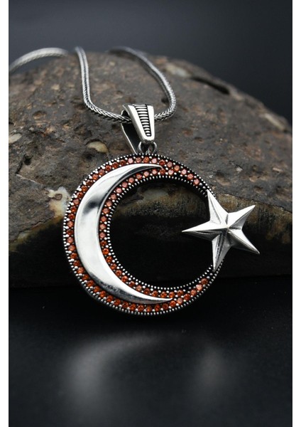 Gümüş Ay Yıldızlı Zirkon Taş Süslemeli Erkek Kolye Gümüş Zincir 925 Ayar