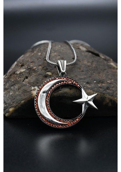 Gümüş Ay Yıldızlı Zirkon Taş Süslemeli Erkek Kolye Gümüş Zincir 925 Ayar fiyatları