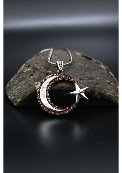 Gümüş Ay Yıldızlı Zirkon Taş Süslemeli Erkek Kolye Gümüş Zincir 925 Ayar modelleri