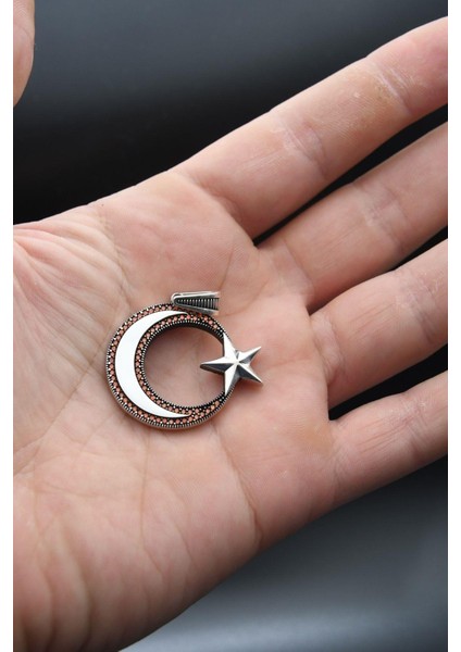 Gümüş Ay Yıldızlı Zirkon Taş Süslemeli Erkek Kolye Gümüş Zincir 925 Ayar fırsatları