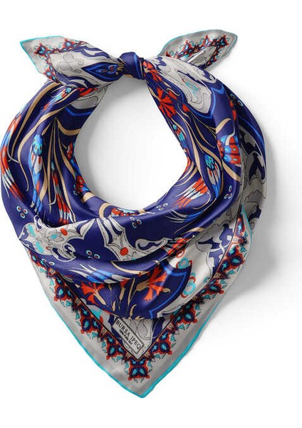 Lacivert Ekru Karanfil Lale Desen Ipek Mendil fiyatları