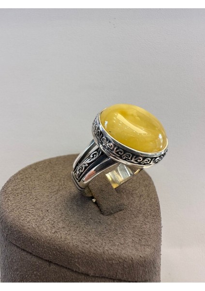 Yuvarlak Kehribar Gümüş Yüzük