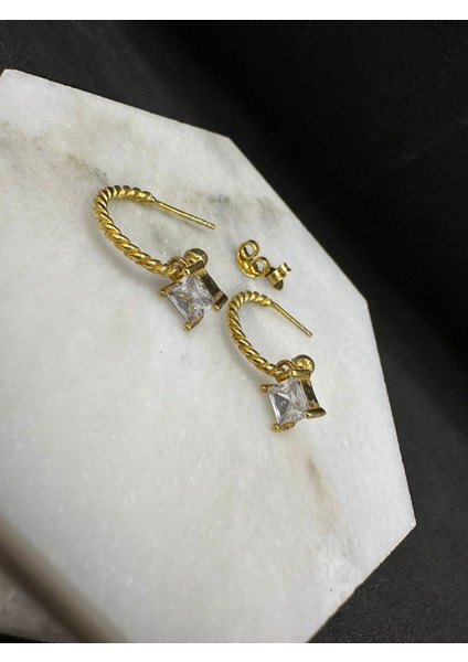 Sarı Renk Bagetli Burgu Gümüş Küpe modelleri