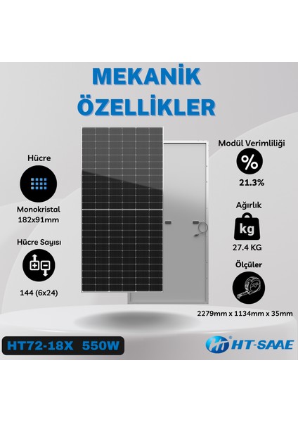 HT72-18X 550 Watt Beyaz Arka Yüz Güneş Enerji Paneli Half-Cut Yüksek Verimli