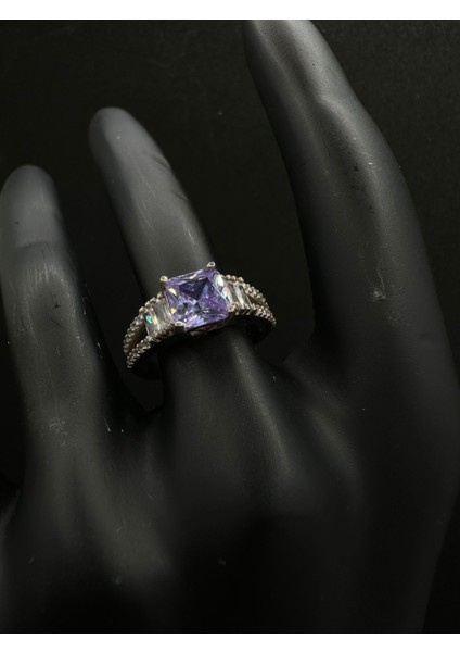 Lila Taşlı Bagetli Gümüş Yüzük modelleri