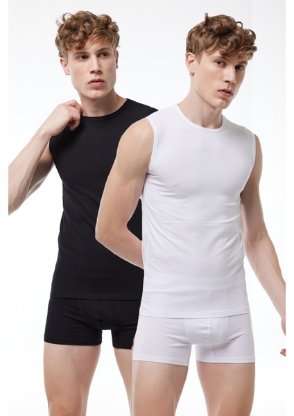 Erkek Siyah Beyaz 2 Li Paket Yuvarlak Yaka Kolsuz Modal Body 007 2M007