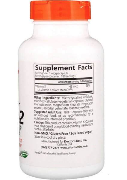Dr Best Doctor's Best Natural Vitamin K2 Mk-7 With Menaq7 45 Mcg 180 Veggie Capsul Usa fiyatları