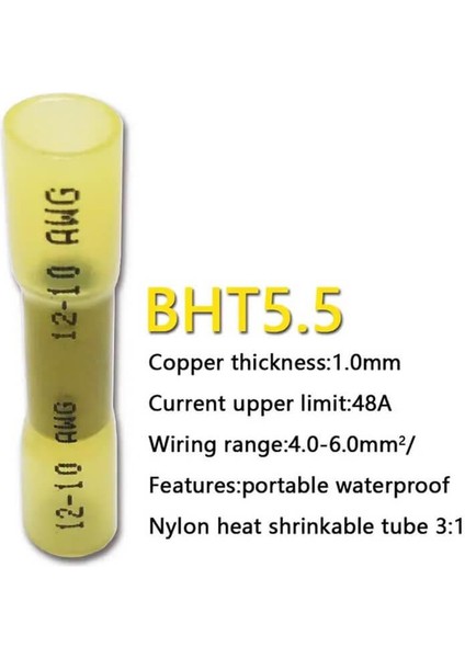 - 50 Adet - Bht-5.5 Isıyla Daralan Makaron 48A / 4-6mm² Su Geçirmez Konnektör - Sarı