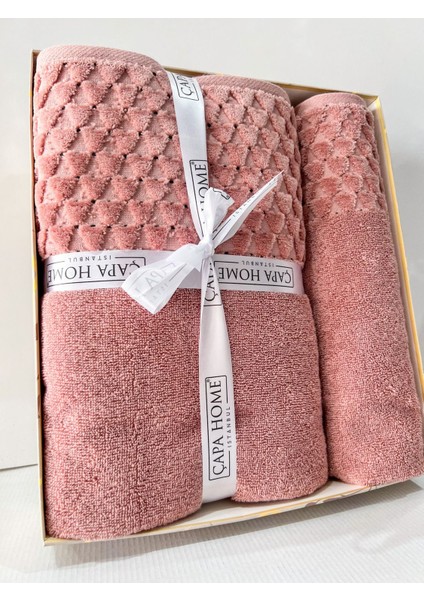 2'Li Jakarlı Kutulu Banyo Havlu Hamam Takımı 1 Adet 70 x 140, 1 Adet 50 x 90 cm