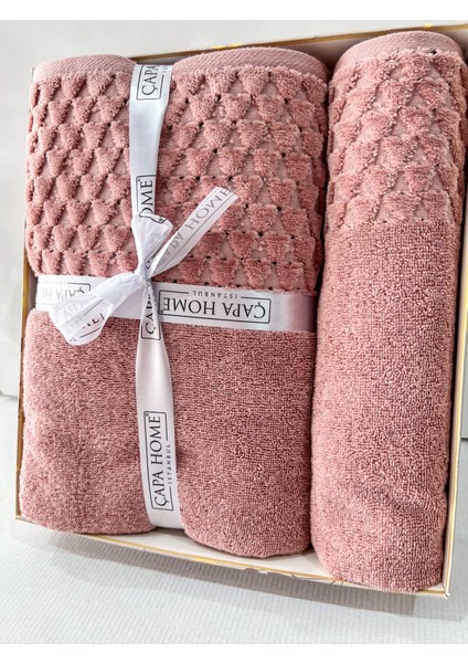 2'Li Jakarlı Kutulu Banyo Havlu Hamam Takımı 1 Adet 70 x 140, 1 Adet 50 x 90 cm