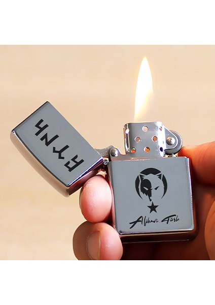Kişiye Özel Isimli Benzinli Zippo Çakmak Gri Bozkurt Tasarımlı Gtnh