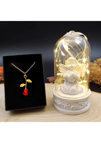 Masum Melek Işıklı Küre & Gold Rose Gül Kolye
