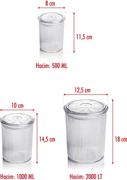 18'li Barok Yuvarlak 3 Boy Kavanoz Seti & Saklama Kabı & Erzak Kabı (6*2000 Ml, 6*1000 ml ,6*500 Ml)