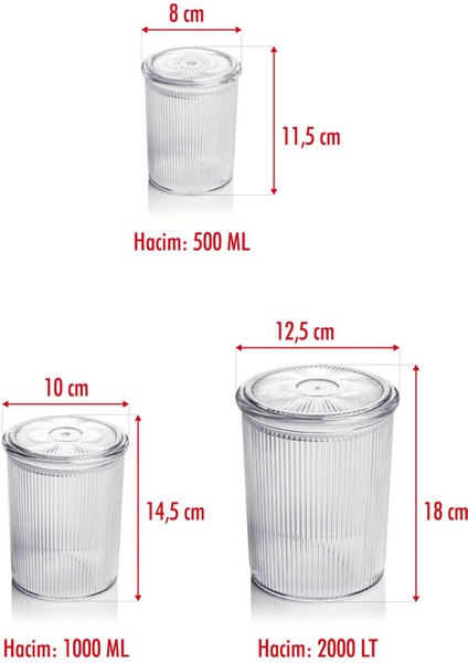 12'li Barok Yuvarlak 3 Boy Kavanoz Seti & Saklama Kabı & Erzak Kabı (4*2000 Ml, 4*1000 Ml, 4*500 Ml)