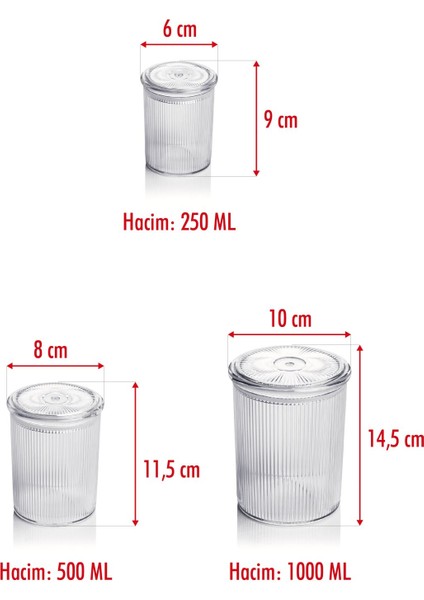 12'li Barok Yuvarlak 3 Boy Kavanoz Seti & Saklama Kabı & Erzak Kabı (4*1000 Ml, 4*500 ML,4*250 Ml)