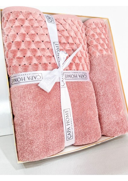 2'Li Jakarlı Kutulu Banyo Havlu Hamam Takımı 1 Adet 70 x 140, 1 Adet 50 x 90 cm