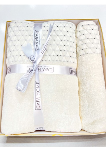 2'Li Jakarlı Kutulu Banyo Havlu Hamam Takımı 1 Adet 70 x 140, 1 Adet 50 x 90 cm