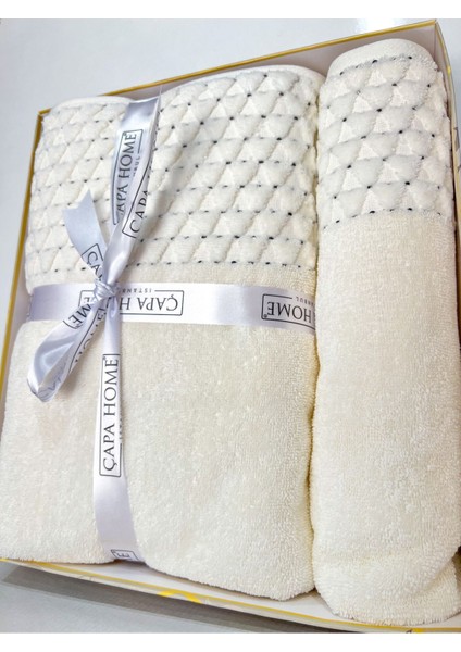 2'Li Jakarlı Kutulu Banyo Havlu Hamam Takımı 1 Adet 70 x 140, 1 Adet 50 x 90 cm