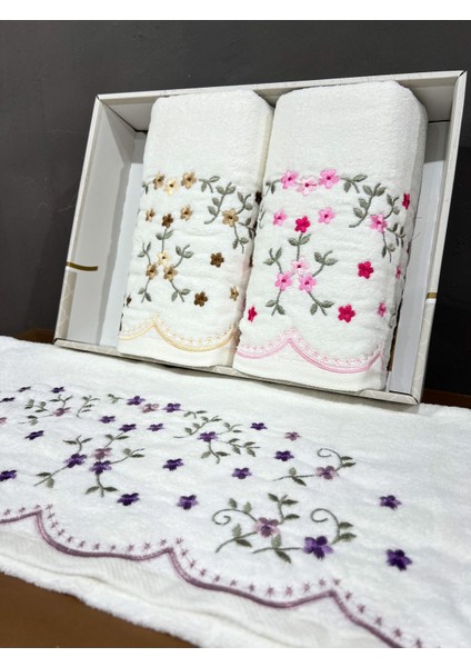 3'Lü Nakış Işlemeli Kutulu Çeyizlik 50 x 90 cm Kadife El Ve Yüz Havlusu
