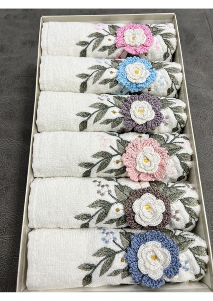 6'Lı 3d El Işleme Çiçek Buket Desenli Kutulu Çeyizlik 50 x 90 cm El Yüz Havlu Seti indirimleri