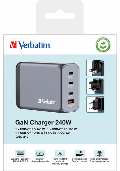 Verbatım 32205 - 240 W GAN Hızlı Şarj 4 Bağlantı Noktalı C 1 x Usb-C® PD 140W /1 x Usb-C® PD 100W / 1 x Usb-C® PD 65W / 1 x Usb-A QC 3.0