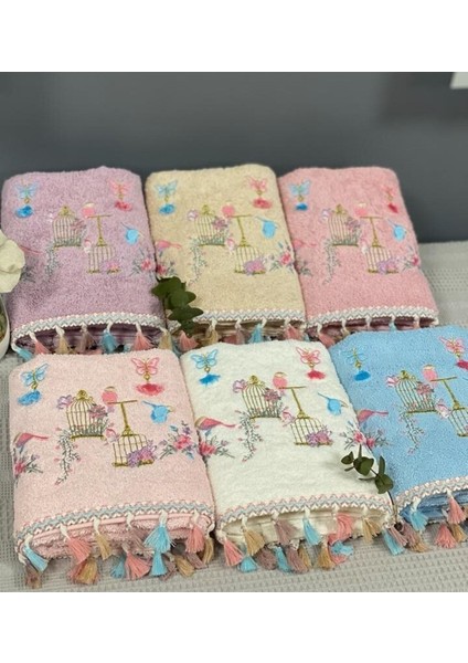Kuş Kafes Nakışlı Pamuklu Püsküllü 6'Lı 50 x 90 cm El Yüz Havlu Seti