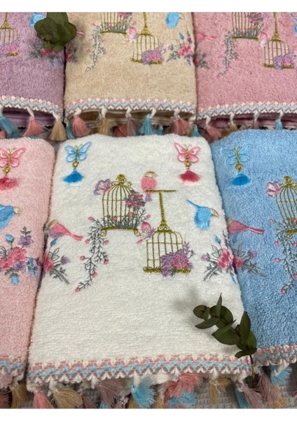 Kuş Kafes Nakışlı Pamuklu Püsküllü 6'Lı 50 x 90 cm El Yüz Havlu Seti fiyatları