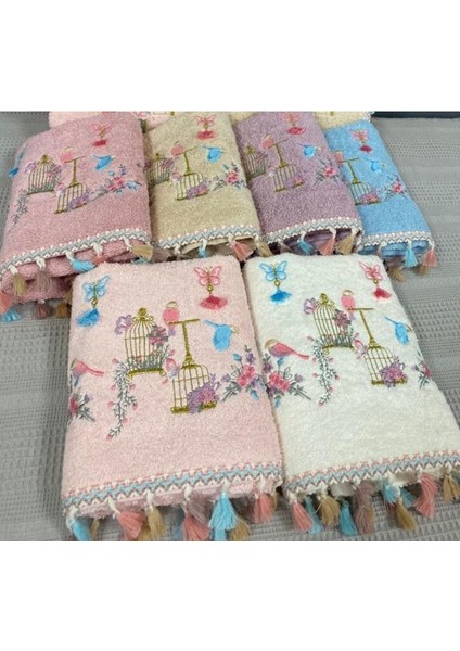 Kuş Kafes Nakışlı Pamuklu Püsküllü 6'Lı 50 x 90 cm El Yüz Havlu Seti modelleri