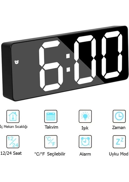 Alfalink Aynalı LED Dijital Masa Saati Termometre Alarm Takvimli Mod Ayarlı