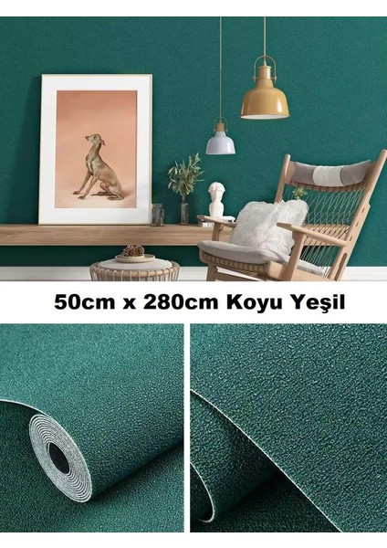 Renkli Duvarlar Kendinden Yapışkanlı Koyu Yeşil Duvar Kağıdı Folyolu Dokulu Esnek Silinebilir 50X280 cm (1,4m2) Rda6