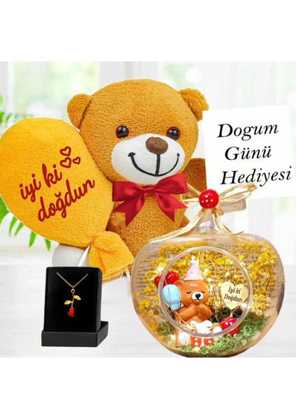 Doğum Günü Hediyesi Işıklı Teraryum & Iyi Ki Doğdun Balonlu Ayıcık ve Gold Rose Gül Kolye