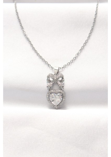 316L Çelik Silver Renk Zirkon Taşlı Kalpli Fiyonk Kolye - EBJ240521W24273